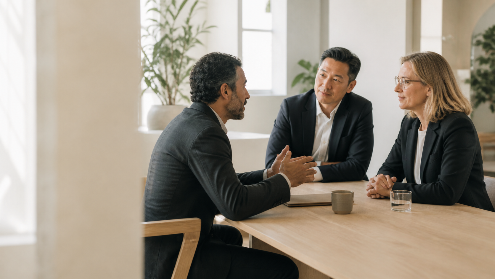 Business partners speaking around a table